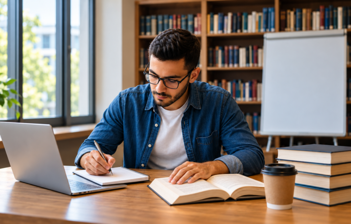 طالب جامعي ينجز البحث العلمي داخل مكتبة جامعية