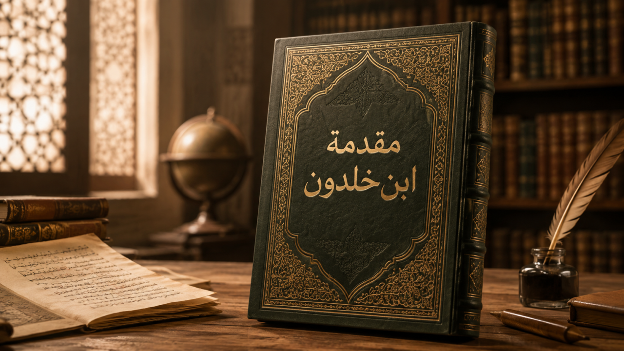 مقدمة ابن خلدون: أفكار خالدة لفهم المجتمع والعصبية و الدولة 1 كتاب مقدمة ابن خلدون على طاولة بجانب النافذة