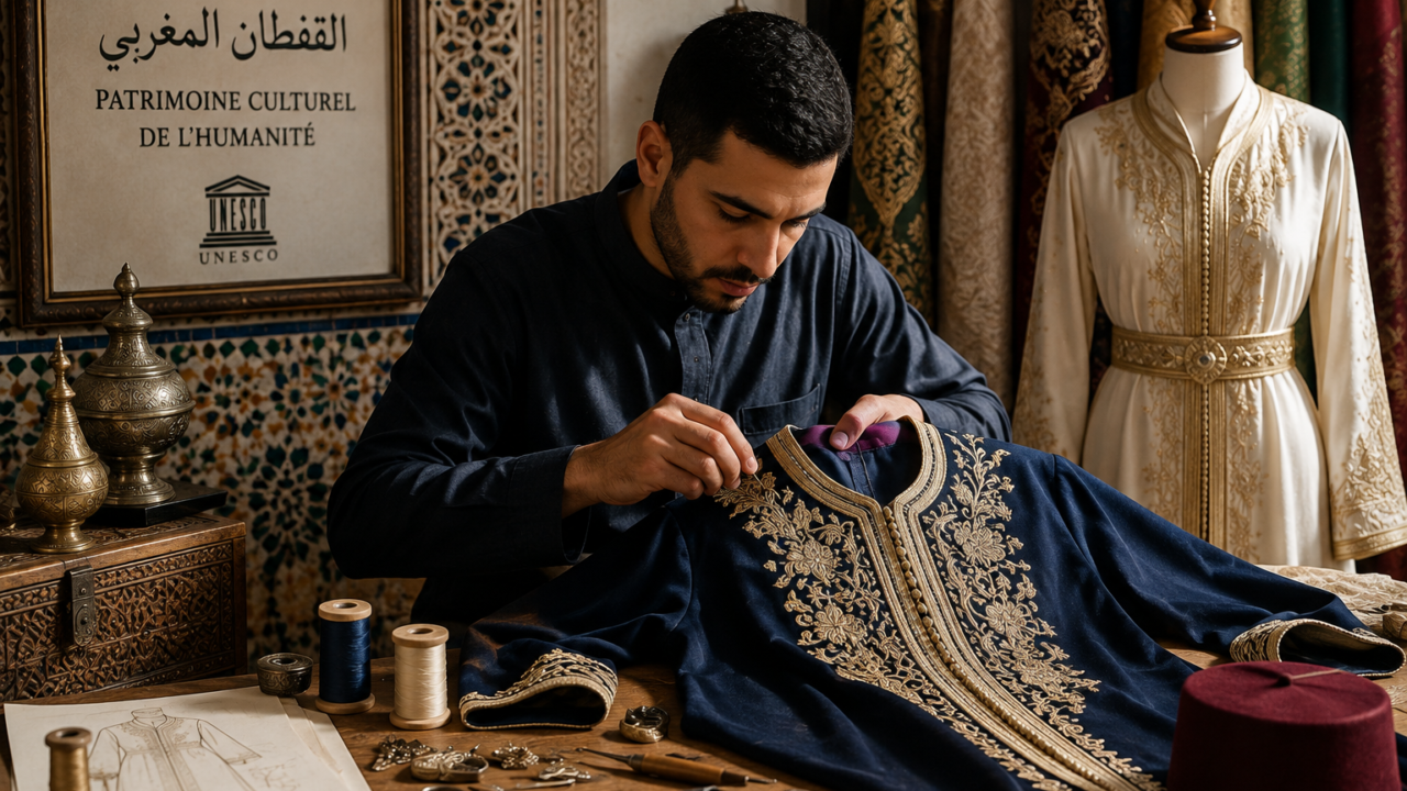 القفطان المغربي في قائمة التراث الثقافي غير المادي للإنسانية: تاريخ وهوية وصناعة متجددة 1 حرفي مغربي يطرز قفطاناً مغربياً تقليدياً بخيوط ذهبية داخل ورشة تقليدية