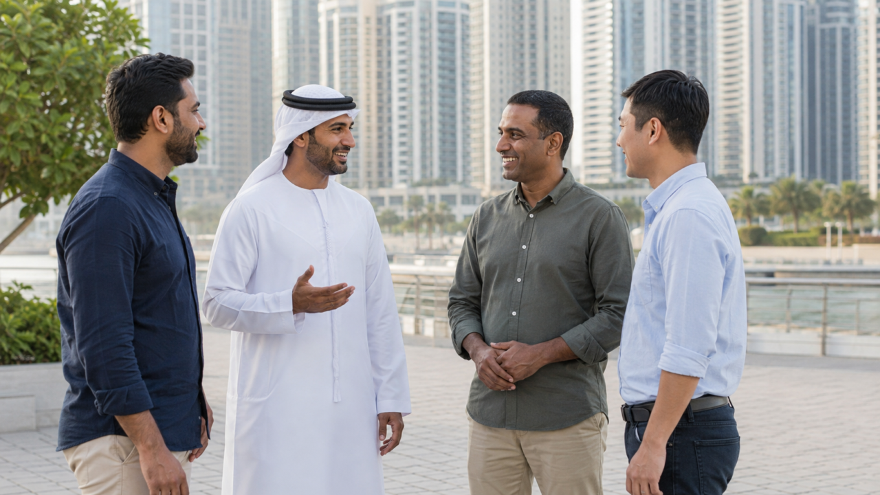 مجموعة من الرجال من جنسيات مختلفة يتبادلون الحديث في إحدى مدن الإمارات في مشهد يعكس التعايش والتنوع الثقافي.