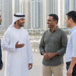 مجموعة من الرجال من جنسيات مختلفة يتبادلون الحديث في إحدى مدن الإمارات في مشهد يعكس التعايش والتنوع الثقافي.