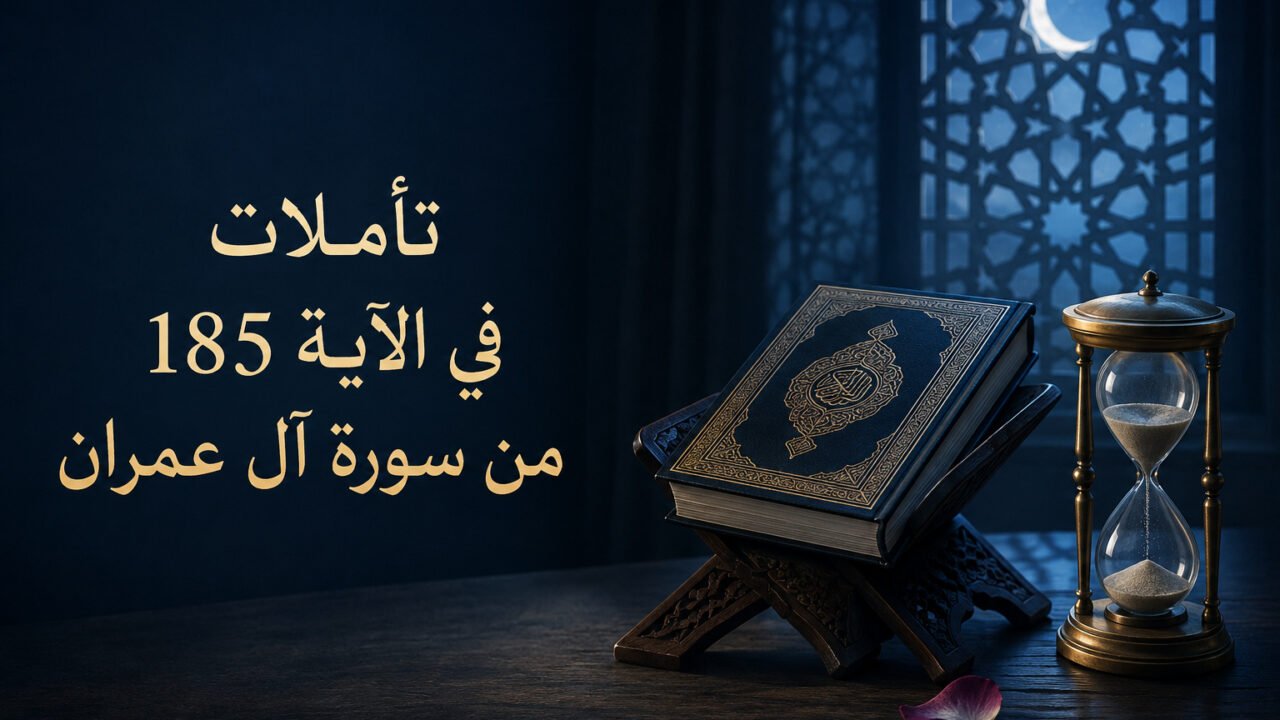 تأملات في الآية 185 من سورة آل عمران: الموت والفوز وحقيقة الدنيا 1 مصحف على حامل خشبي بجوار ساعة رملية مع عنوان تأملات في الآية 185 من سورة آل عمران