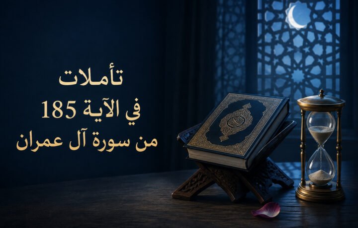 مصحف على حامل خشبي بجوار ساعة رملية مع عنوان تأملات في الآية 185 من سورة آل عمران