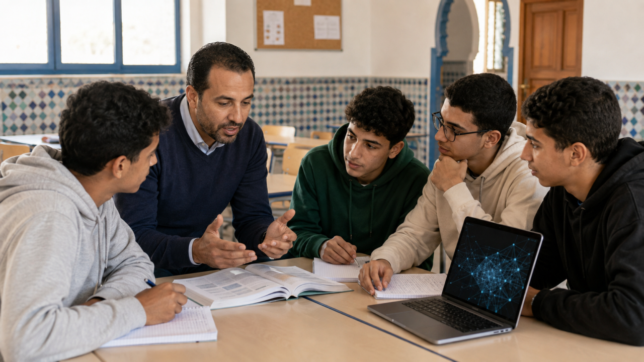 أستاذ يوجّه تلاميذاً إلى مقارنة المعلومات بين الكتاب والحاسوب وتنمية التفكير النقدي عند استخدام الذكاء الاصطناعي في التعليم