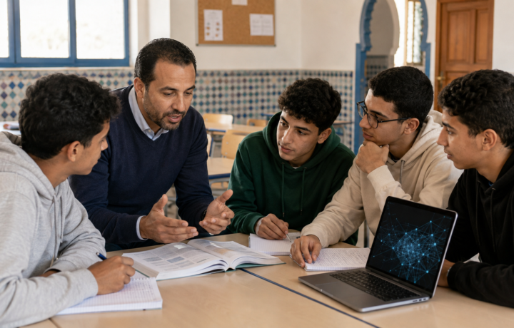 أستاذ يوجّه تلاميذاً إلى مقارنة المعلومات بين الكتاب والحاسوب وتنمية التفكير النقدي عند استخدام الذكاء الاصطناعي في التعليم