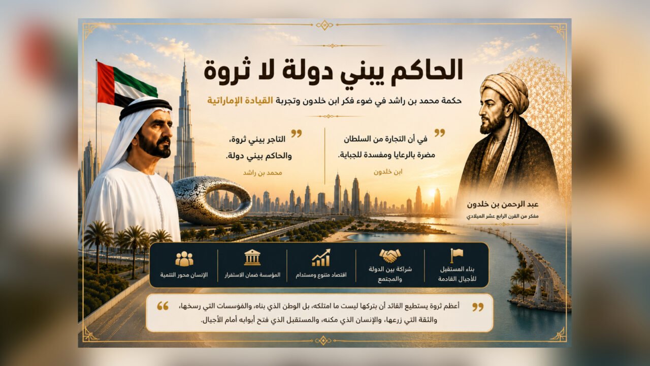الحاكم يبني دولة لا ثروة: حكمة محمد بن راشد في ضوء فكر ابن خلدون وتجربة القيادة الإماراتية 1 القيادة الإماراتية وحكمة محمد بن راشد في ضوء فكر ابن خلدون