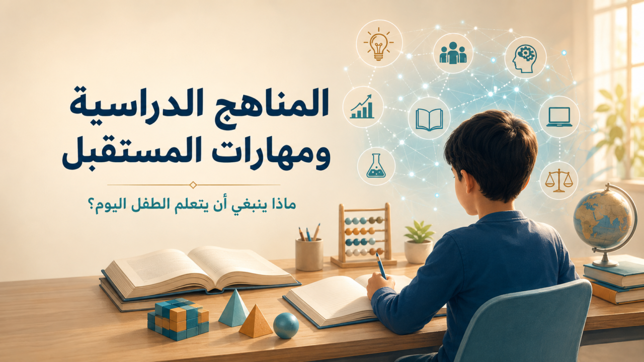 المناهج الدراسية ومهارات المستقبل: طفل يوازن بين القراءة والرياضيات والمهارات الرقمية