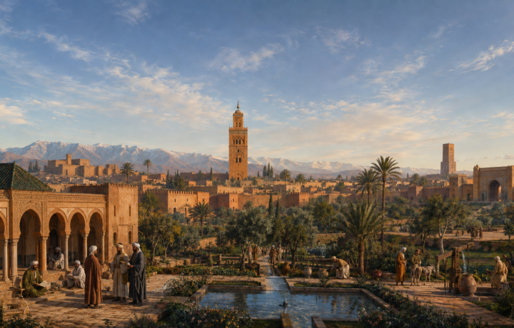 تصميم تاريخي يجمع صومعة الكتبية وصومعة حسان وجامع تنمل رمزاً لدولة الموحدين في المغرب