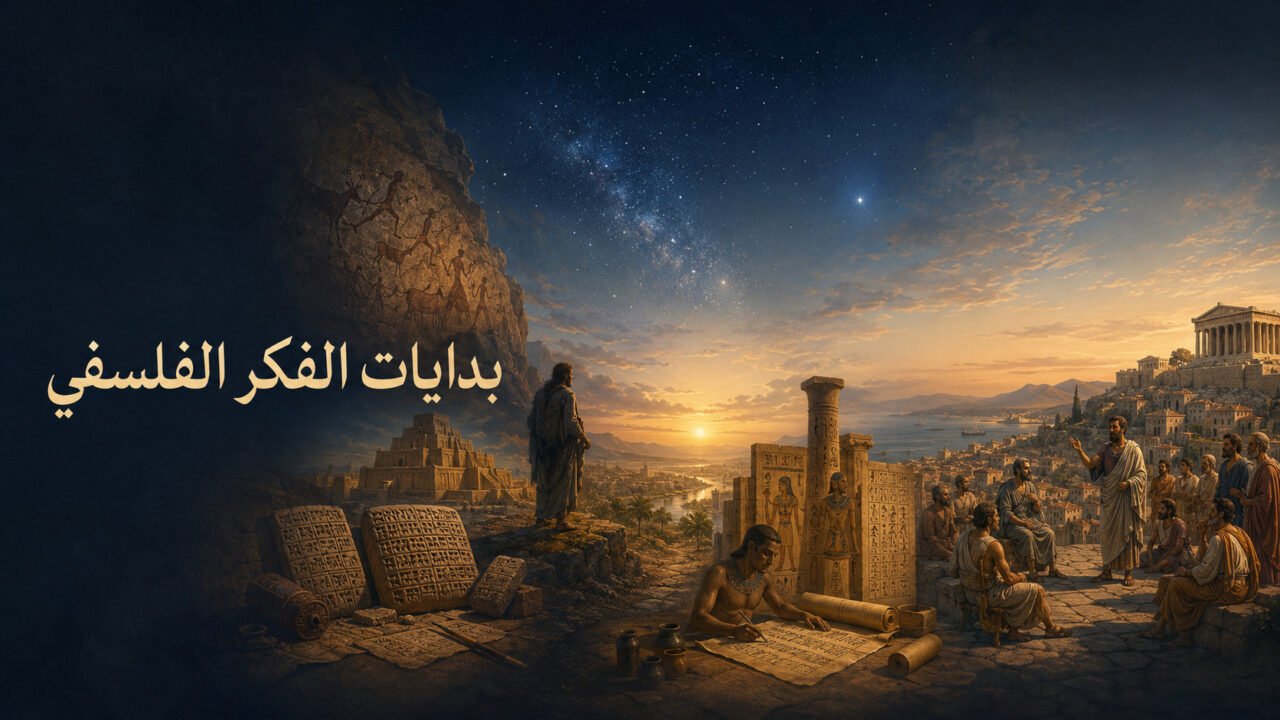 كيف بدأ السؤال الفلسفي؟ من الدهشة والأسطورة إلى البحث عن الحقيقة 1 بدايات الفكر الفلسفي من الإنسان الأول وحضارات مصر وبلاد الرافدين إلى الفلسفة اليونانية