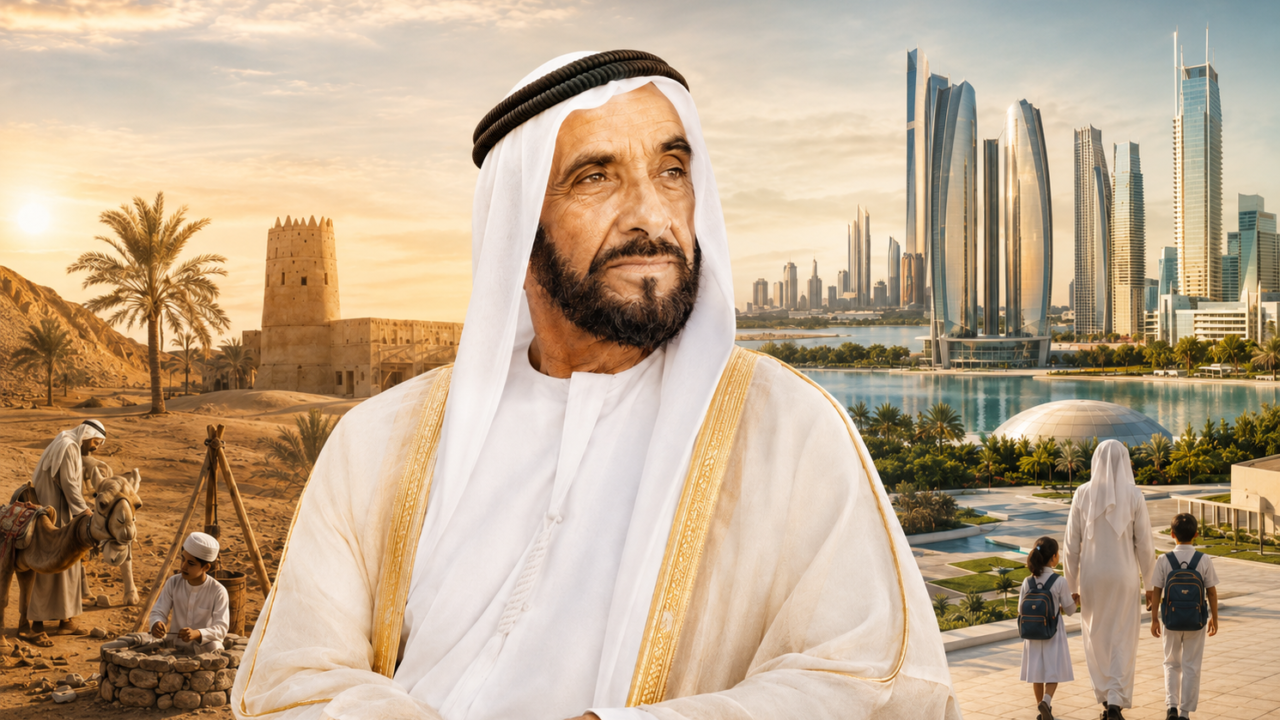 الشيخ زايد وبناء الدولة الحديثة: من الصحراء إلى مشروع حضاري 1 الشيخ زايد بن سلطان آل نهيان في صورة توضيحية ترمز إلى انتقال أبوظبي من البيئة الصحراوية إلى الدولة الحديثة