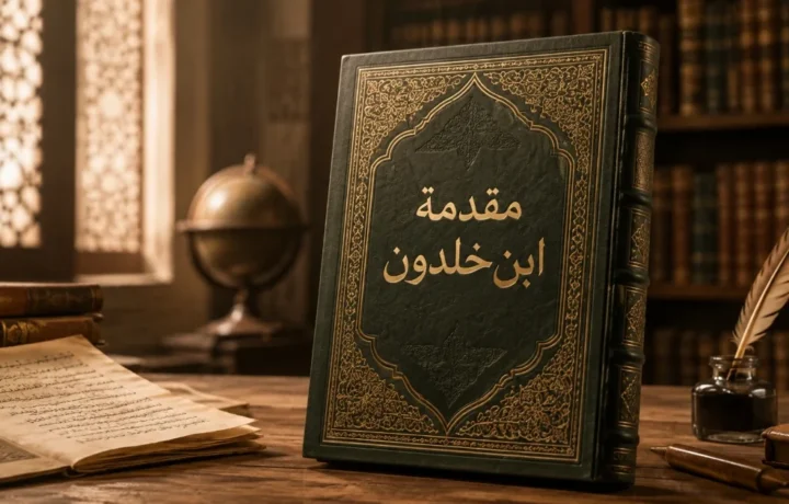 كتاب مقدمة ابن خلدون بغلاف داكن مزخرف بالذهب، موضوع على طاولة في مكتبة قديمة.