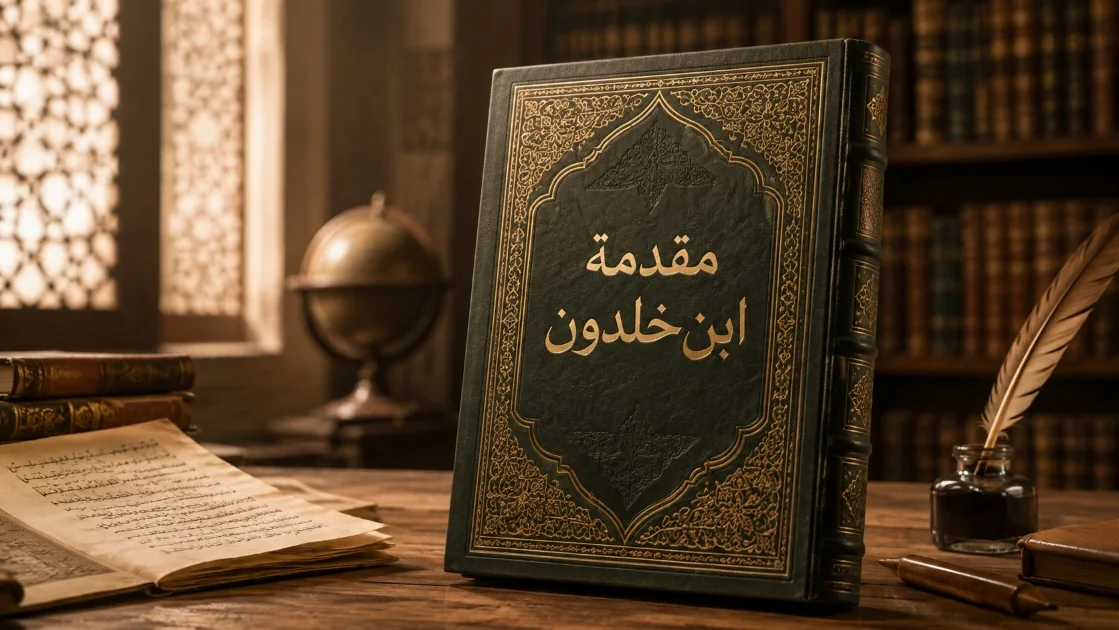 كتاب مقدمة ابن خلدون بغلاف داكن مزخرف بالذهب، موضوع على طاولة في مكتبة قديمة.