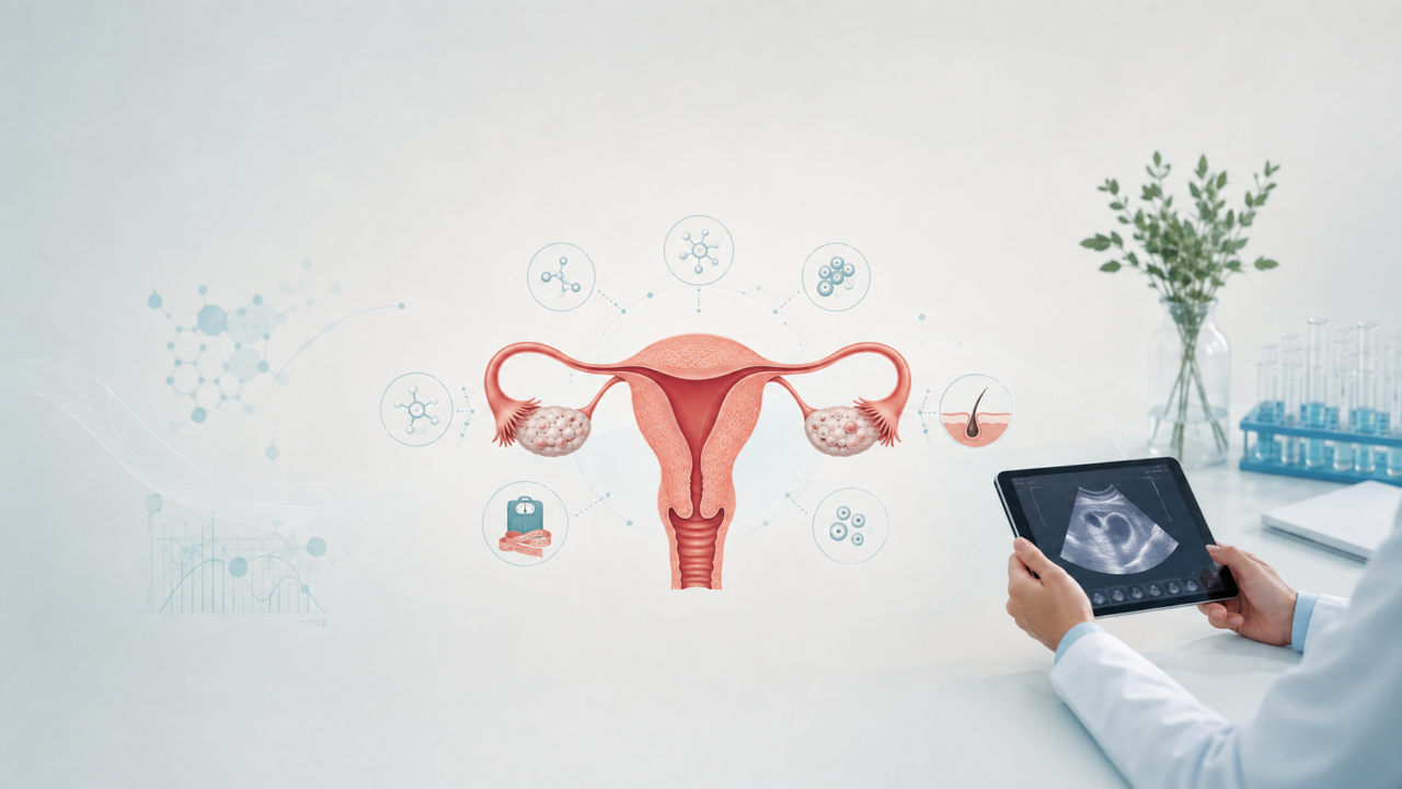 متلازمة تكيس المبايض: الأعراض والتشخيص وعلاقتها بتأخر الحمل 1 رسم طبي يوضح متلازمة تكيس المبايض والجريبات الصغيرة وفحص المبيض بالموجات فوق الصوتية