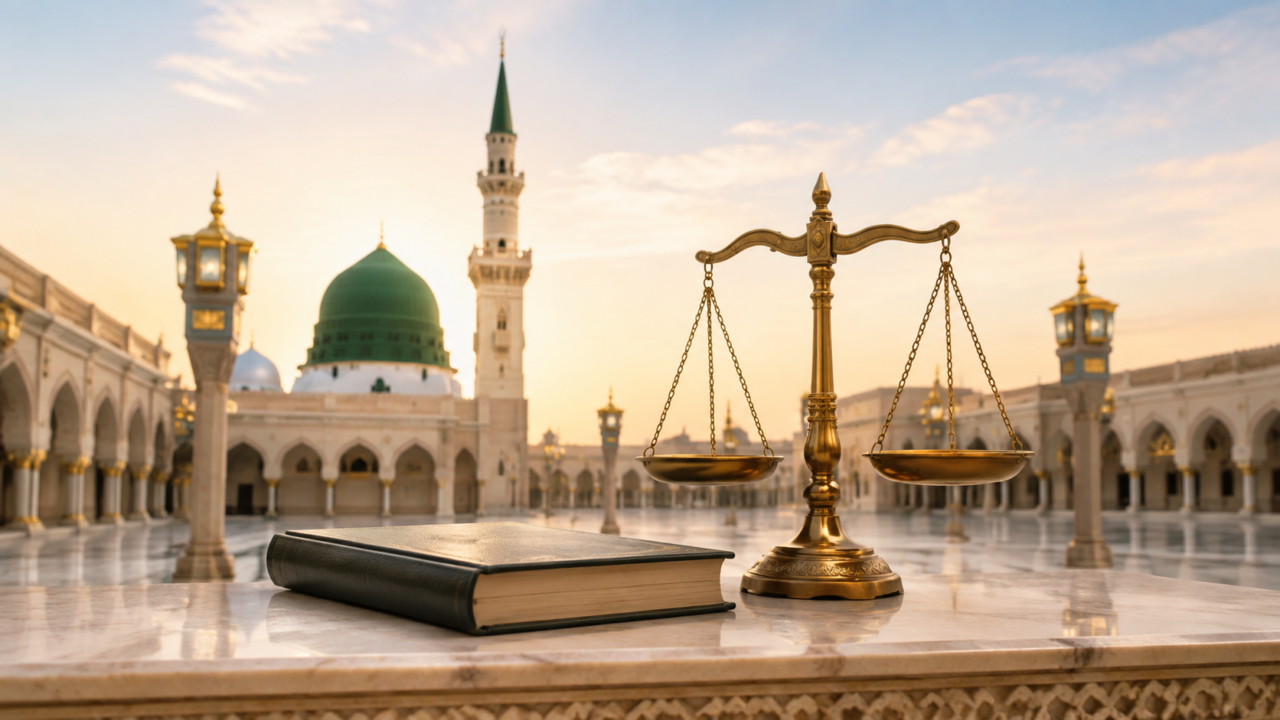 الإساءة إلى النبي صلى الله عليه وسلم في الشريعة والقانون، صورة رمزية تجمع القبة الخضراء وميزان العدالة