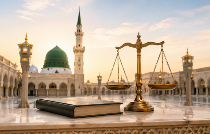 الإساءة إلى النبي صلى الله عليه وسلم في الشريعة والقانون، صورة رمزية تجمع القبة الخضراء وميزان العدالة