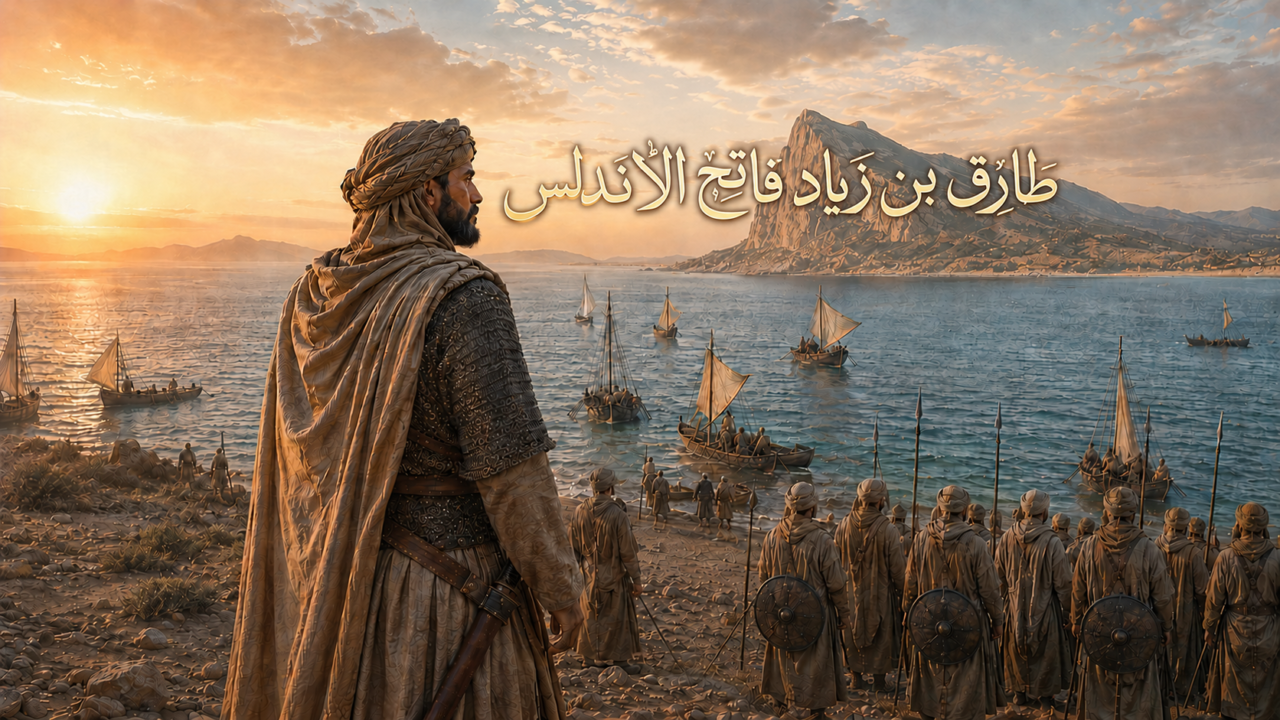 تصور فني لطارق بن زياد القائد المغربي الأمازيغي على ساحل المضيق قبيل فتح الأندلس