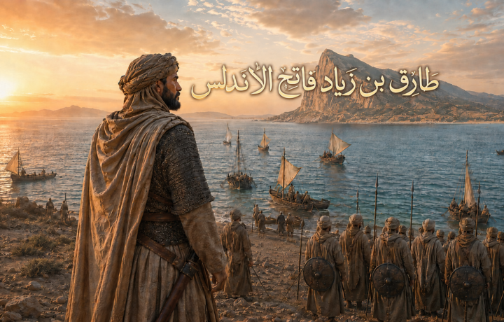 تصور فني لطارق بن زياد القائد المغربي الأمازيغي على ساحل المضيق قبيل فتح الأندلس
