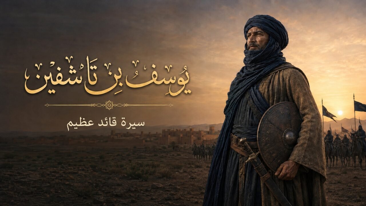 يوسف بن تاشفين: أمير المسلمين من توحيد المغرب إلى نصرة الأندلس 1 تصميم فني تاريخي لأمير المسلمين يوسف بن تاشفين بلباس مرابطي وخلفه فرسان ومراكش