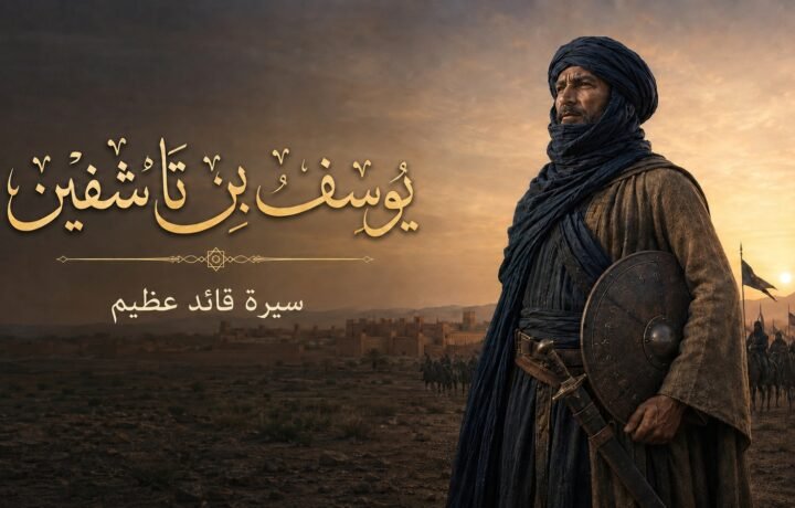تصميم فني تاريخي لأمير المسلمين يوسف بن تاشفين بلباس مرابطي وخلفه فرسان ومراكش