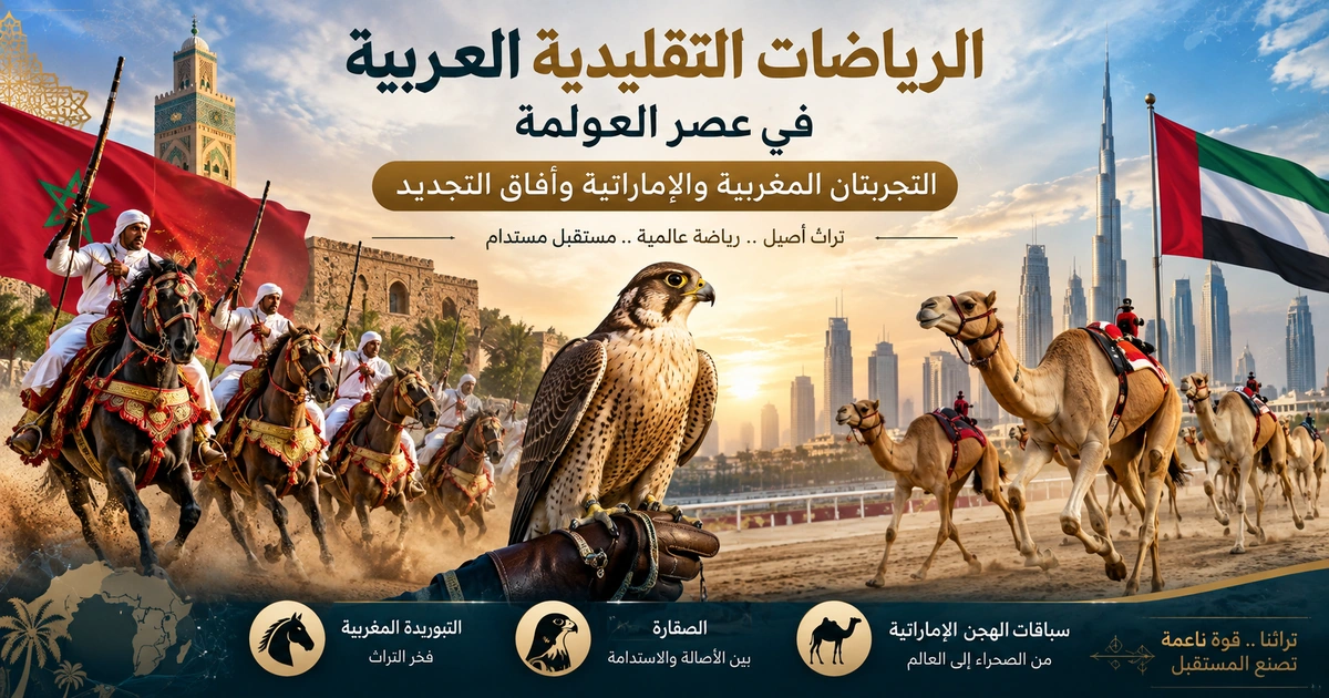 الرياضات التقليدية العربية في المغرب والإمارات: التبوريدة المغربية وسباقات الهجن والصقارة.