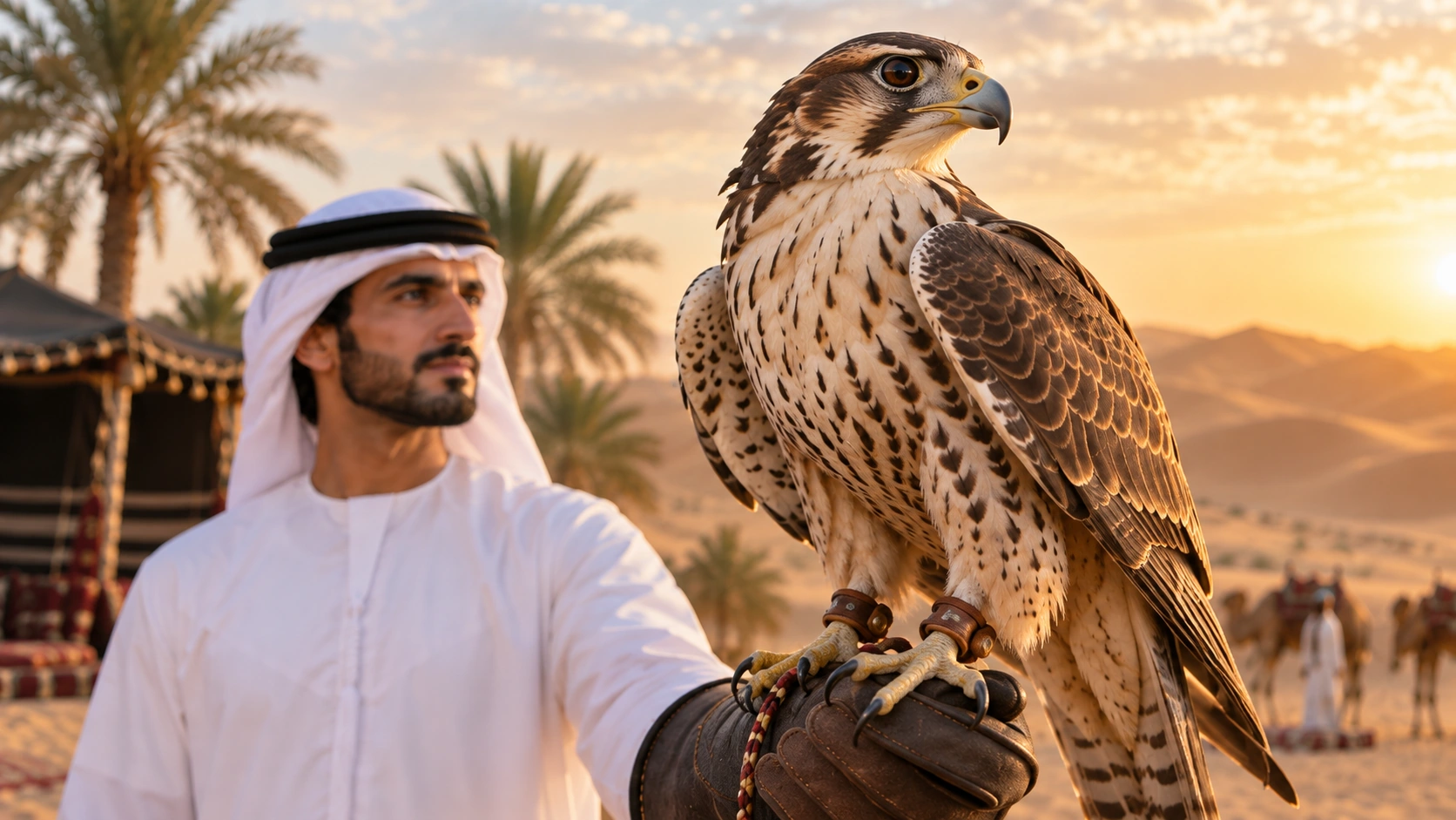 الصقارة الإماراتية: صقر عربي بارز في مشهد صحراوي يجسد الرياضات التقليدية العربية.