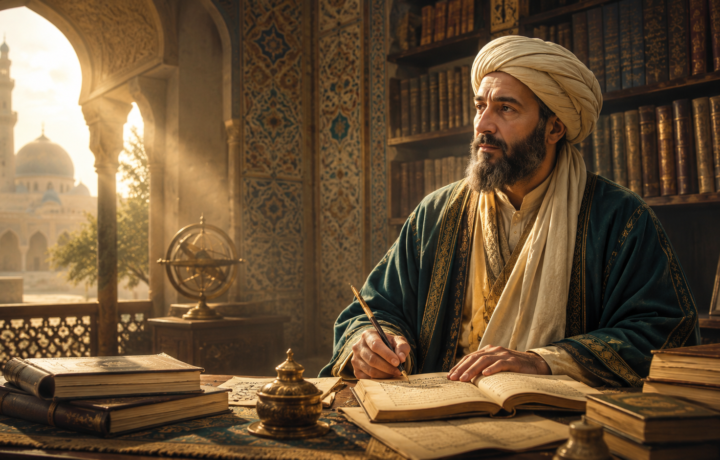 الإمام أبو حامد الغزالي في مجلس علم وكتابة داخل مكتبة إسلامية عتيقة