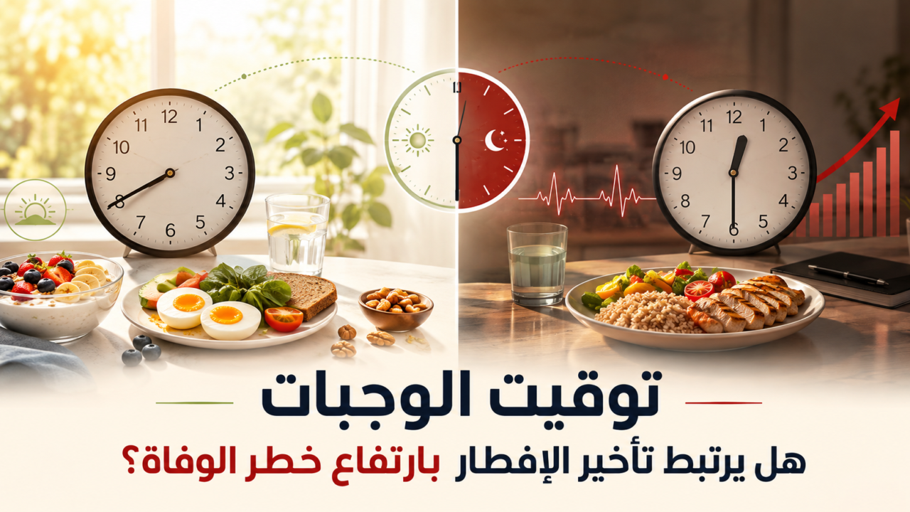 توقيت الوجبات: هل يرتبط تأخير الإفطار بارتفاع خطر الوفاة؟ 1 توقيت الوجبات: تصميم يوضح الفرق بين تناول الوجبة الأولى صباحاً وتأخيرها إلى ما بعد الظهر، مع إبراز العلاقة المحتملة بين تأخير الإفطار وارتفاع خطر الوفاة.