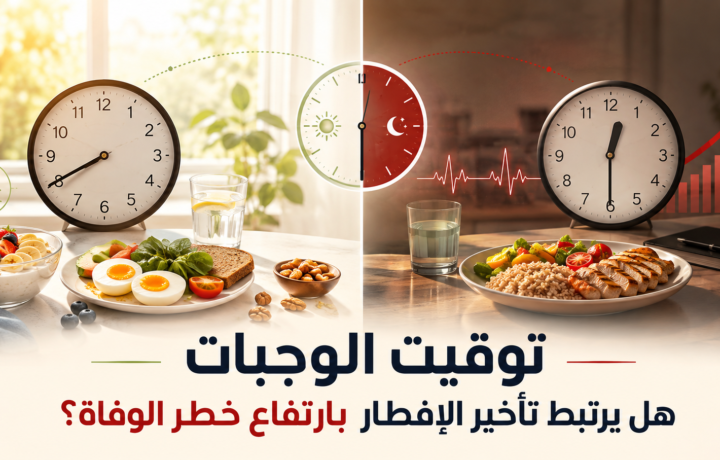 توقيت الوجبات: تصميم يوضح الفرق بين تناول الوجبة الأولى صباحاً وتأخيرها إلى ما بعد الظهر، مع إبراز العلاقة المحتملة بين تأخير الإفطار وارتفاع خطر الوفاة.