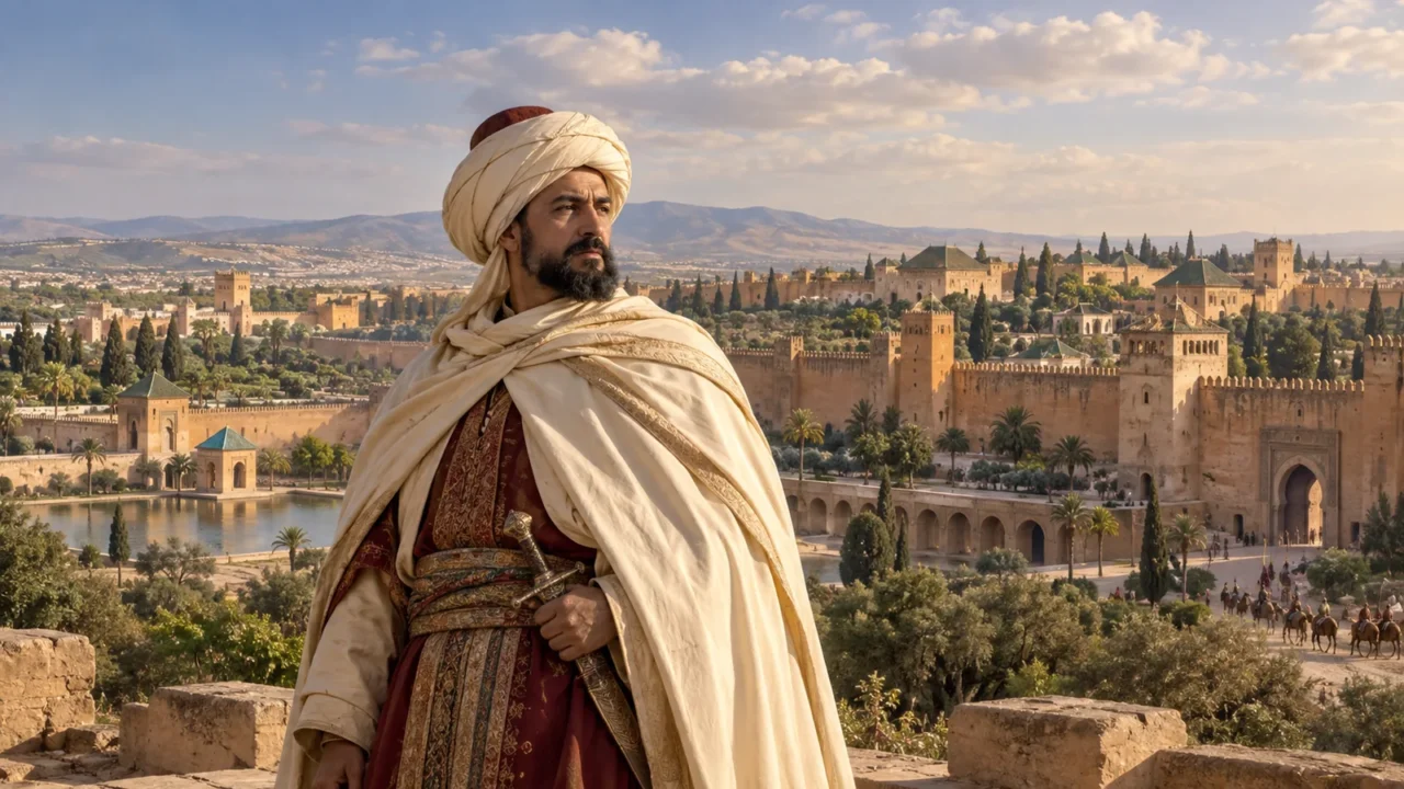 تصوير فني تخيلي للسلطان المولى إسماعيل بلباس مغربي تقليدي أمام أسوار مدينة مستوحاة من مكناس