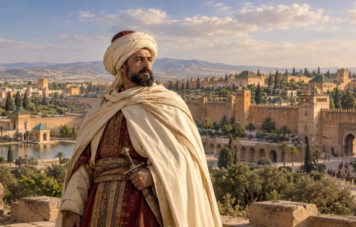 تصوير فني تخيلي للسلطان المولى إسماعيل بلباس مغربي تقليدي أمام أسوار مدينة مستوحاة من مكناس