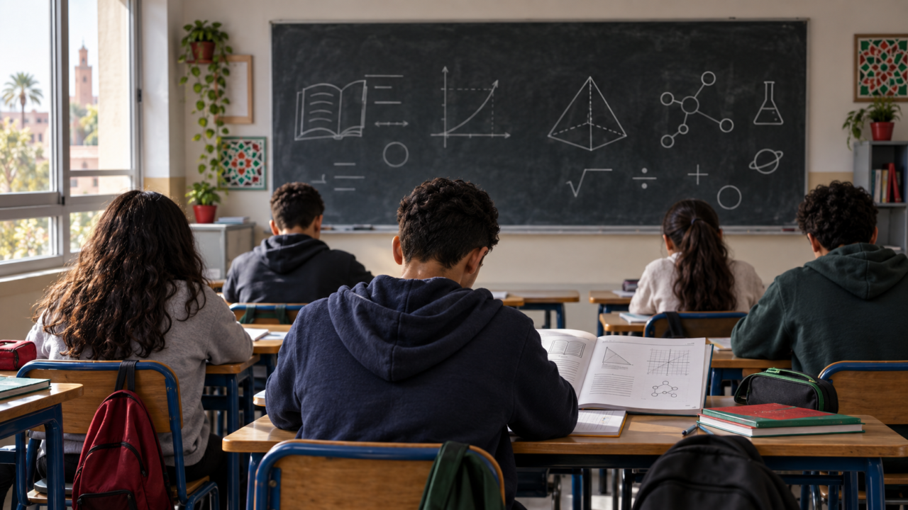 تلاميذ داخل فصل دراسي مغربي أمام رموز القراءة والرياضيات والعلوم في صورة تعكس نتائج PISA 2025 في المغرب