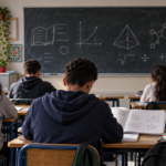 تلاميذ داخل فصل دراسي مغربي أمام رموز القراءة والرياضيات والعلوم في صورة تعكس نتائج PISA 2025 في المغرب