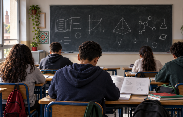 تلاميذ داخل فصل دراسي مغربي أمام رموز القراءة والرياضيات والعلوم في صورة تعكس نتائج PISA 2025 في المغرب
