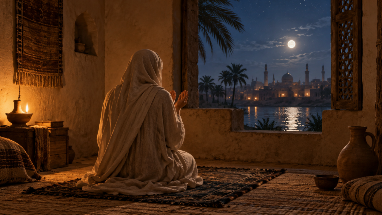 رابعة العدوية في مشهد رمزي للتعبد والزهد والمحبة الإلهية