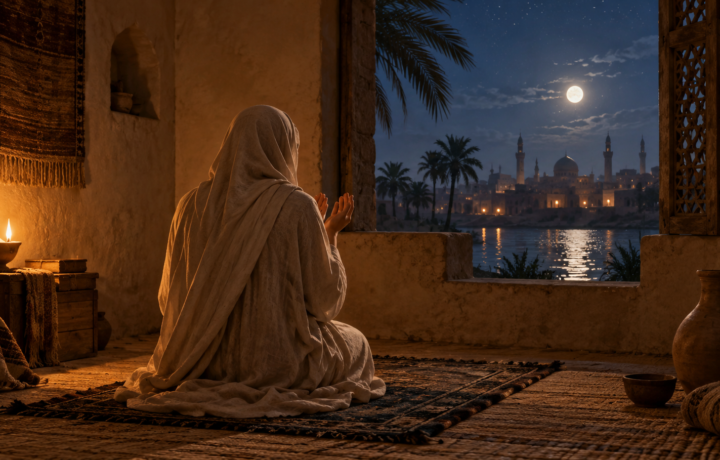 رابعة العدوية في مشهد رمزي للتعبد والزهد والمحبة الإلهية