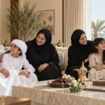 أسرة إماراتية متعددة الأجيال تجتمع في مجلس عائلي، في مشهد يجسد التماسك الاجتماعي في الأسر الإماراتية والتضامن بين الأجيال.