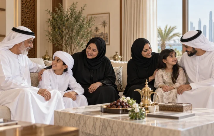 أسرة إماراتية متعددة الأجيال تجتمع في مجلس عائلي، في مشهد يجسد التماسك الاجتماعي في الأسر الإماراتية والتضامن بين الأجيال.