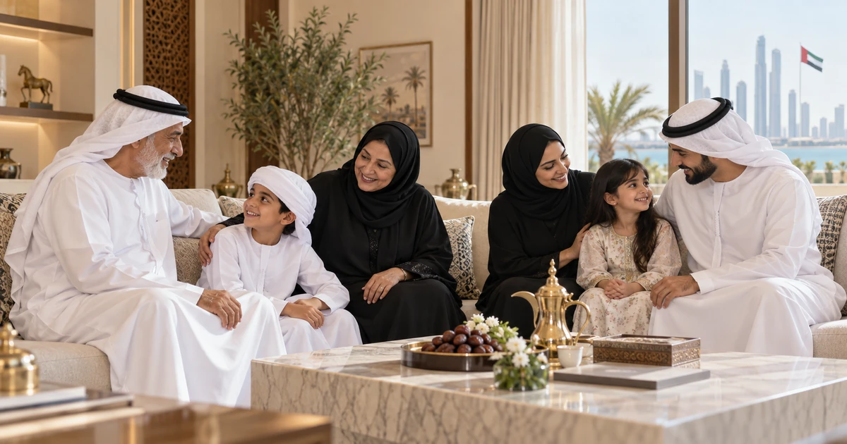 أسرة إماراتية متعددة الأجيال تجتمع في مجلس عائلي، في مشهد يجسد التماسك الاجتماعي في الأسر الإماراتية والتضامن بين الأجيال.